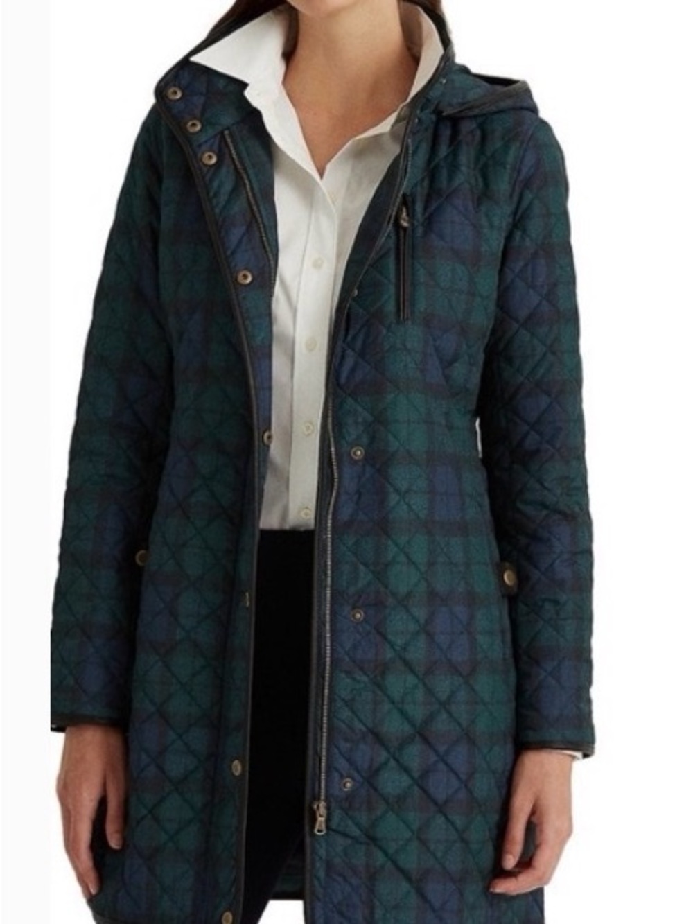 Lauren Ralph Lauren Quilted Hooded Plaid Puffer - Green & Navy